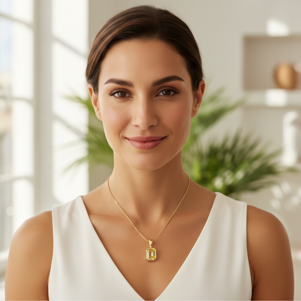 natural citrine necklace on model 14k yellow gold 9x7mm emerald cut november birthstone pendant | Rare Earth Jewelry