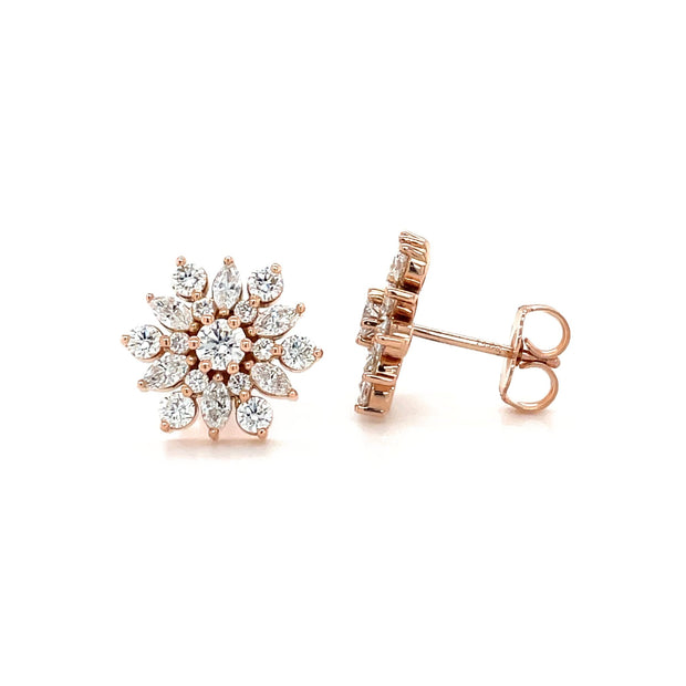 14K Gold diamond snowflake earrings.  Lab Grown Diamond snowflake earrings, 14K Gold Snowflake studs in rose gold floral cluster design.