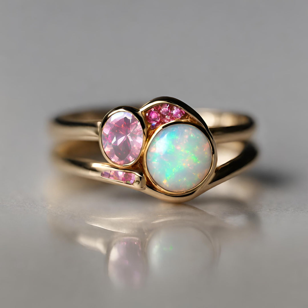 Natural Opal and Pink Tourmaline Ring in a freeform bezel set design from Rare Earth Jewelry.