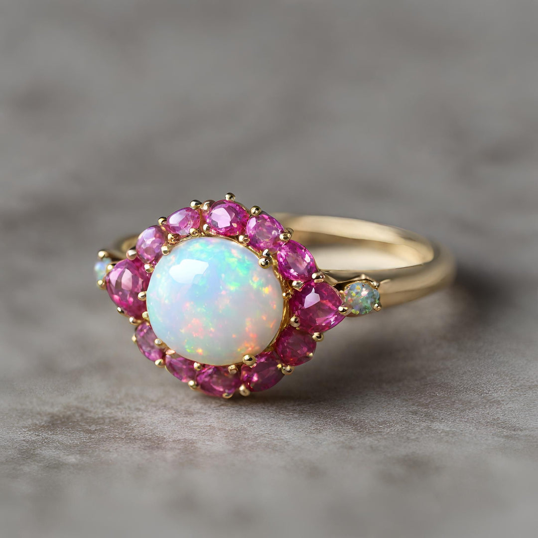 Natural Opal ring with Pink Sapphire halo in a vintage cluster design from Rare Earth Jewelry.