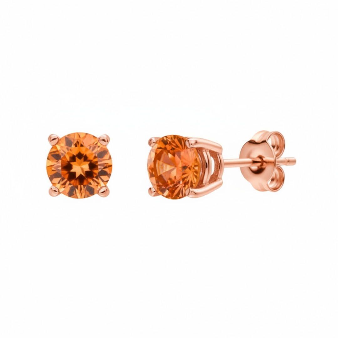 pair of natural orange sunrise topaz stud earrings in 14k rose gold, unisex gemstone earrings for men and women, single or pair available | Rare Earth Jewelry