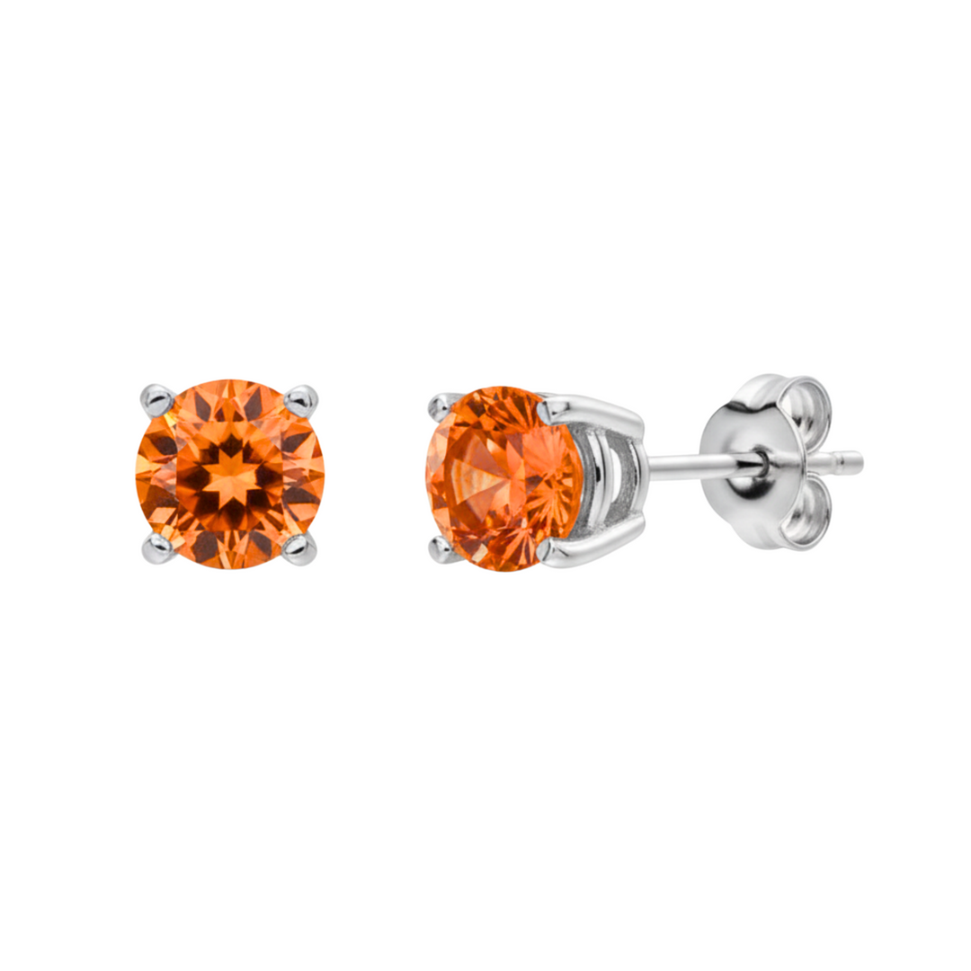 natural orange topaz stud earring in 14k white gold displaying vivid sunrise color, single earring available, unisex design for men or women | Rare Earth Jewelry