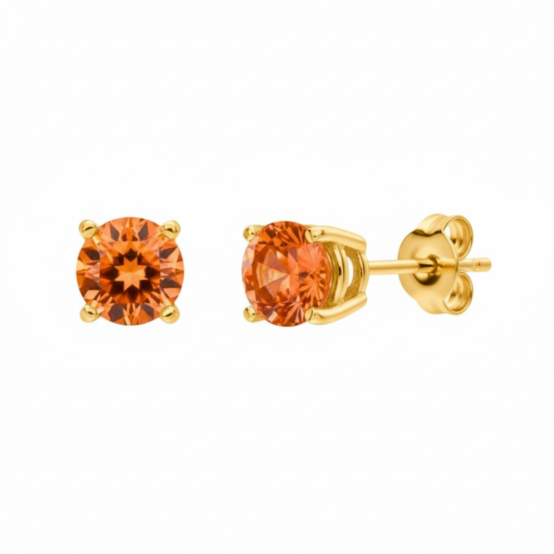 pair of round orange topaz stud earrings in 14k yellow gold, vivid orange gemstone studs for men or women, single or pair option | Rare Earth Jewelry