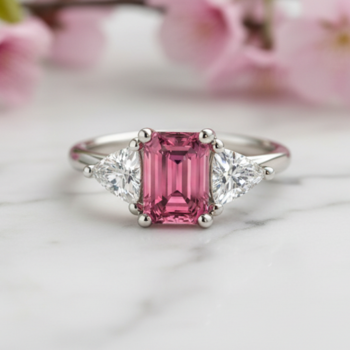 Natural Pink Tourmaline Engagement Ring with White Sapphire Trillions in 14K or 18K White Gold, Three Stone Tourmaline Ring | Rare Earth Jewelry