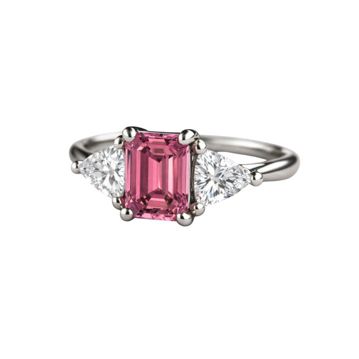 Natural Pink Tourmaline Ring, Emerald Cut Three Stone Engagement Ring in Gold or Platinum | Rare Earth Jewelry