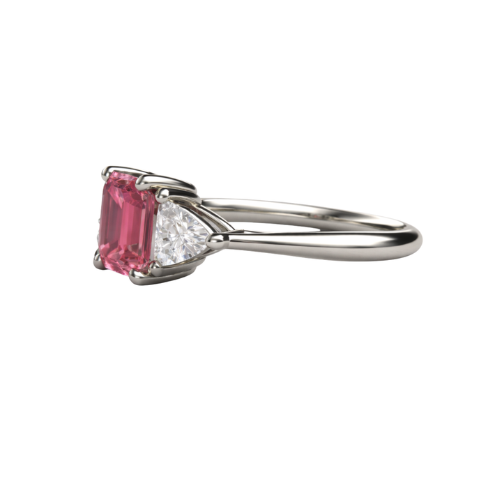 Side view of Pink Tourmaline Engagement Ring, Vintage Style 3 Stone Ring with October Birthstone | Rare Earth Jewelry