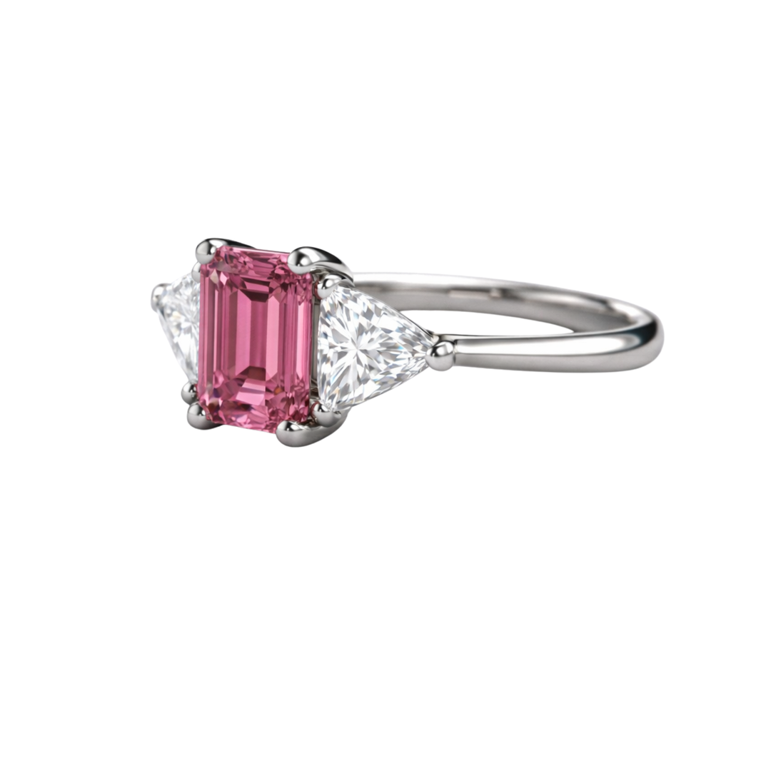 Angled View of Natural Pink Tourmaline Engagement Ring, 3 Stone with Trillions in Gold or Platinum | Rare Earth Jewelry