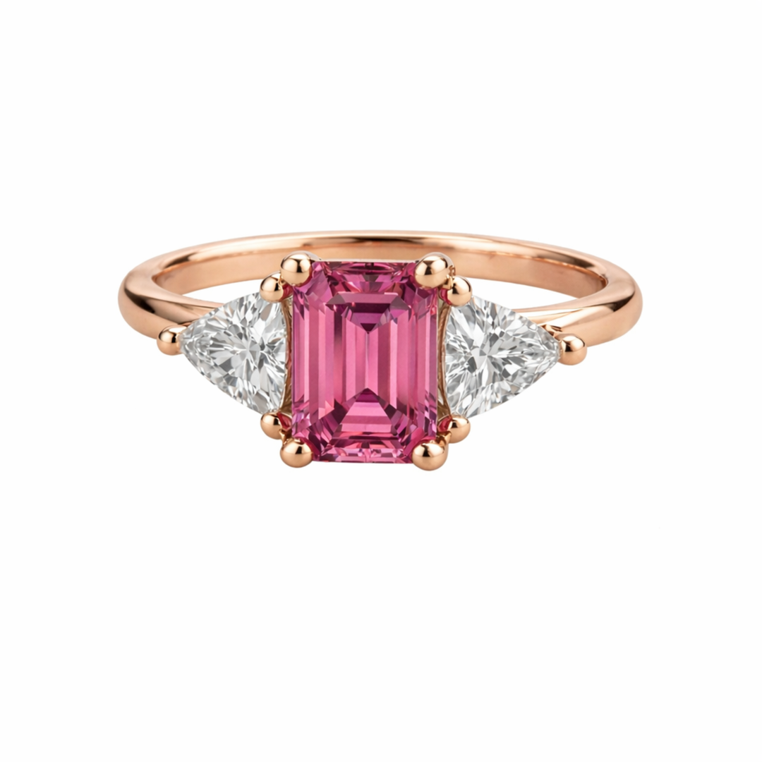 Natural Pink Tourmaline Ring in Rose Gold, Three Stone Design with Trillions, Pink Stone Ring | Rare Earth Jewelry