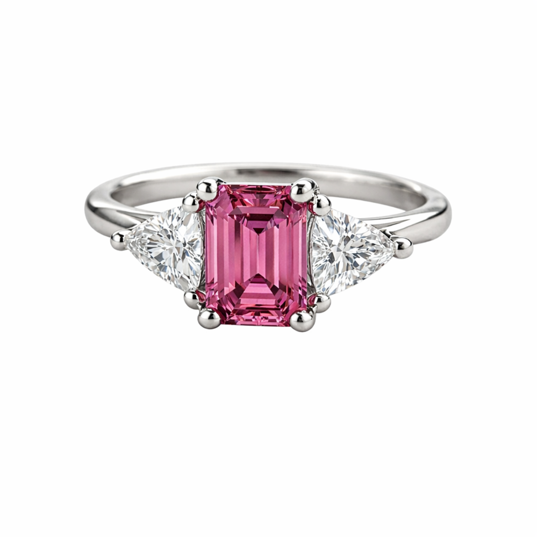Emerald Cut Pink Tourmaline Three Stone Ring with Trillions, October Birthday Gift, Natural Pink Gemstone Ring | Rare Earth Jewelry