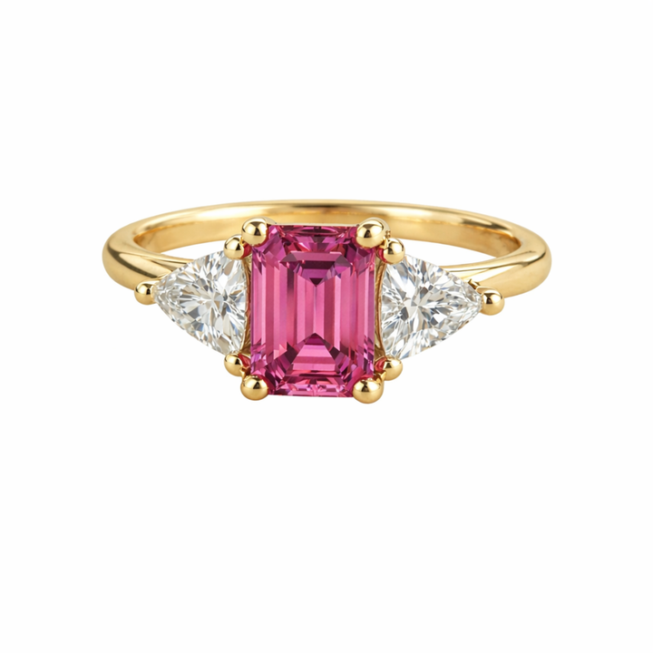 Natural Pink Tourmaline Ring in Yellow Gold with White Sapphire Trillions, October Birthstone Engagement Ring | Rare Earth Jewelry