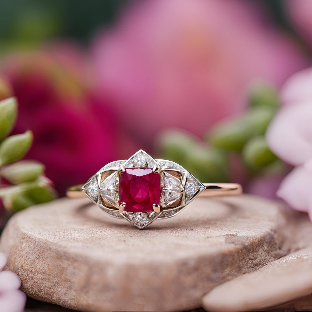 A natural ruby and diamond ring in an antique art deco inspired design from Rare Earth Jewelry.