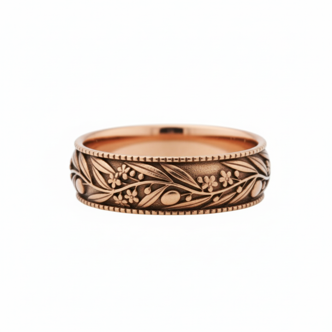 14K rose gold olive branch ring with antique patina finish, engraved botanical band featuring olives, leaves and blossoms | Rare Earth Jewelry