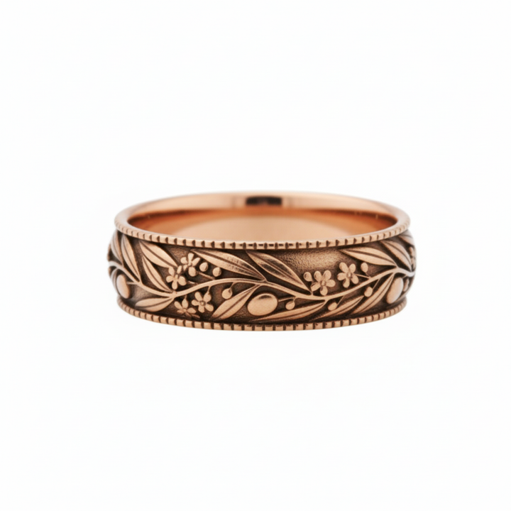 14K rose gold olive branch ring with antique patina finish, engraved botanical band featuring olives, leaves and blossoms | Rare Earth Jewelry