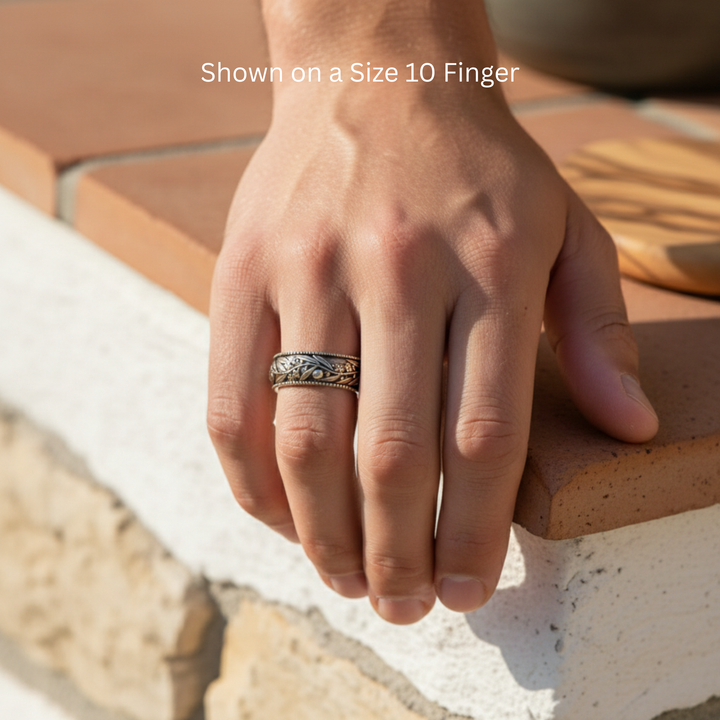 Olive branch wedding band with engraved floral design of olive branches, leaves, blossoms and fruit, shown in 14K white Gold antique patina in a Men's size 10. Botanical wedding rings  | Rare Earth Jewelry