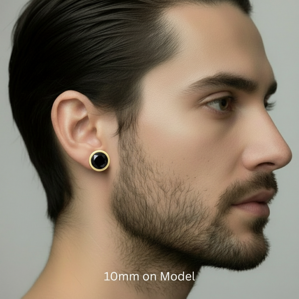 10mm mens 14K gold onyx stud earring modern masculine matte bezel setting unisex black gemstone stud | Rare Earth Jewelry