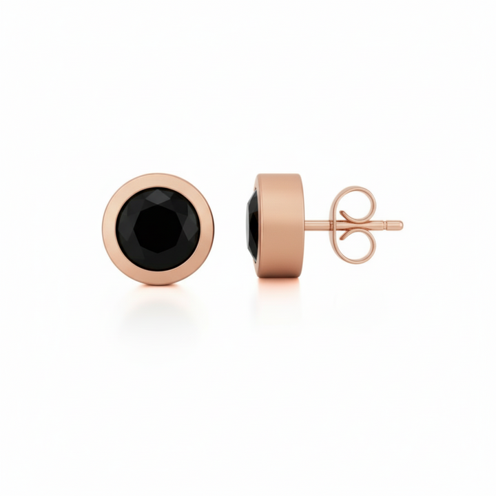 natural onyx stud earrings in matte rose gold bezel setting, modern industrial style 14K Gold black gemstone studs for men or women | Rare Earth Jewelry