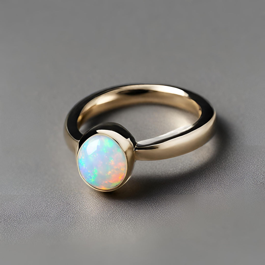 Round Opal ring bezel set solitaire minimalist design in 14K Gold from Rare Earth Jewelry.