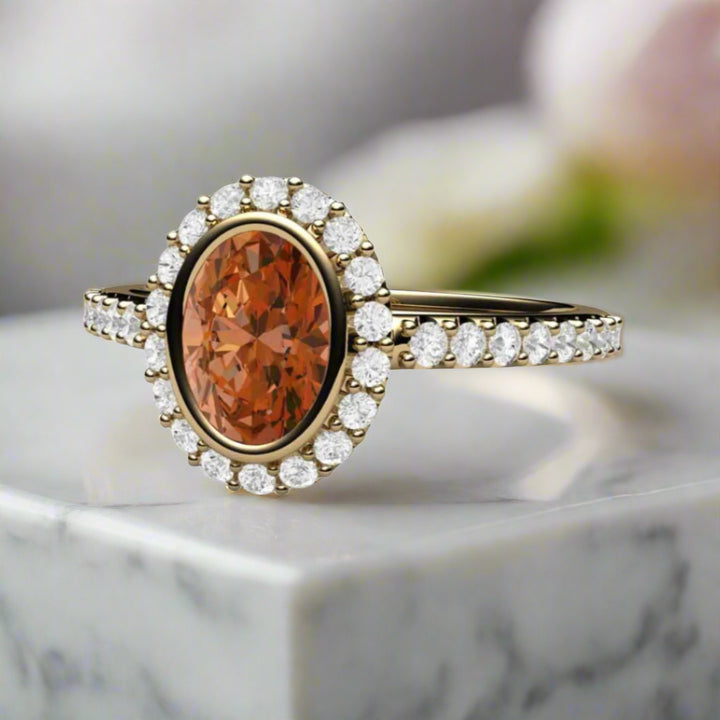 Orange Sapphire Engagement Ring, Diamond Halo Bezel Setting with Pave Diamond Accents | Rare Earth Jewelry