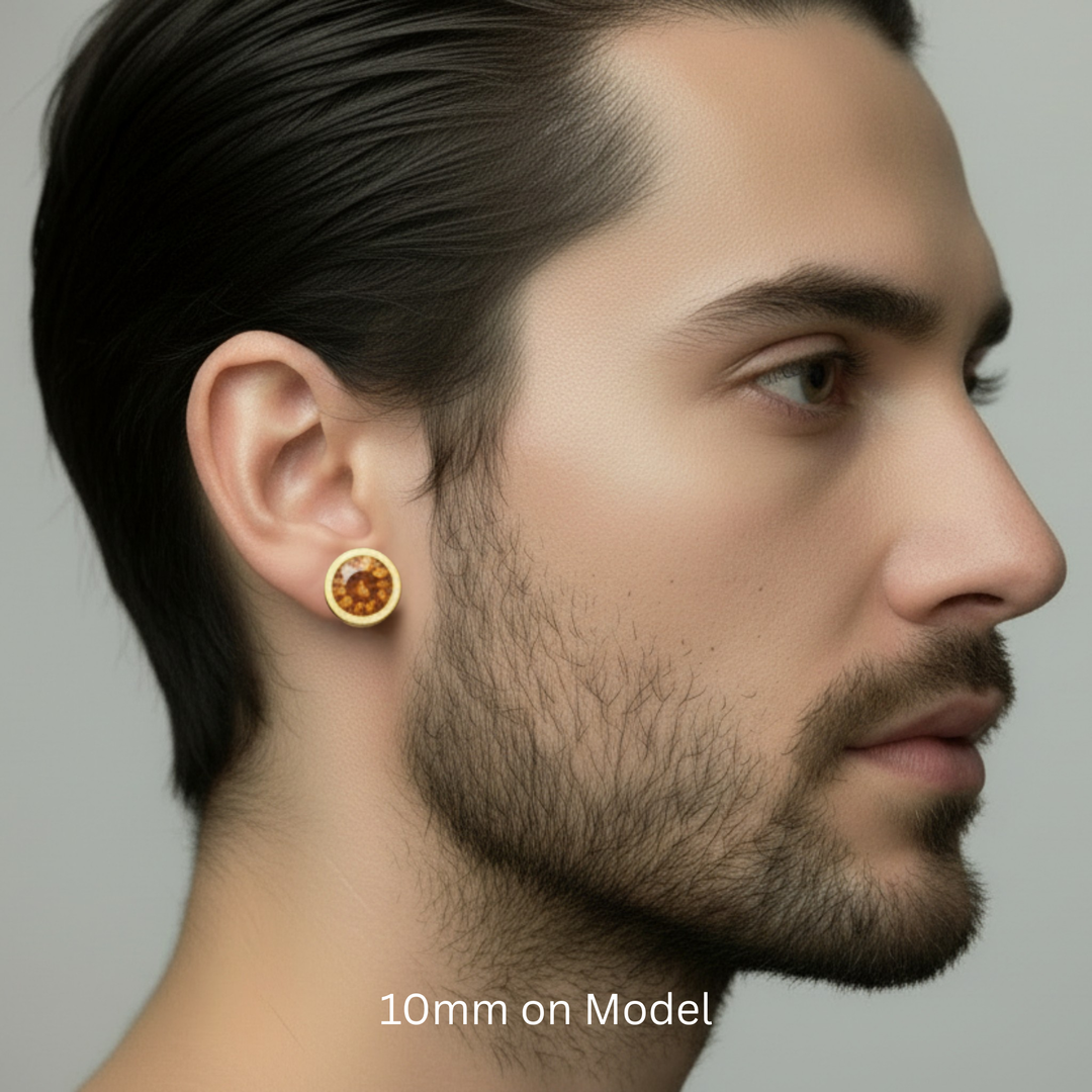 10mm mens orange topaz stud earring modern masculine matte bezel setting unisex gemstone stud | Rare Earth Jewelry