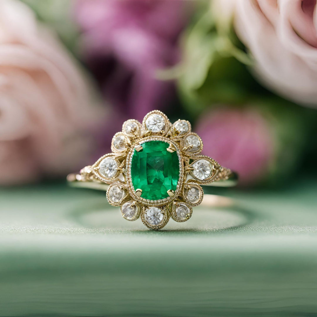 An ornate antique style emerald ring with a cushion cut natural emerald and diamonds Victorian design handcrafted by Rare Earth Jewelry.