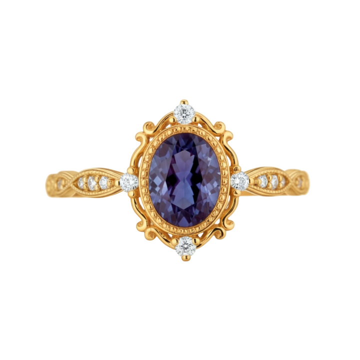 Antique Style Oval Alexandrite Ring with Milgrain Halo and Scalloped Band in 18K Yellow Gold, June Birthday Gift | Rare Earth Jewelry