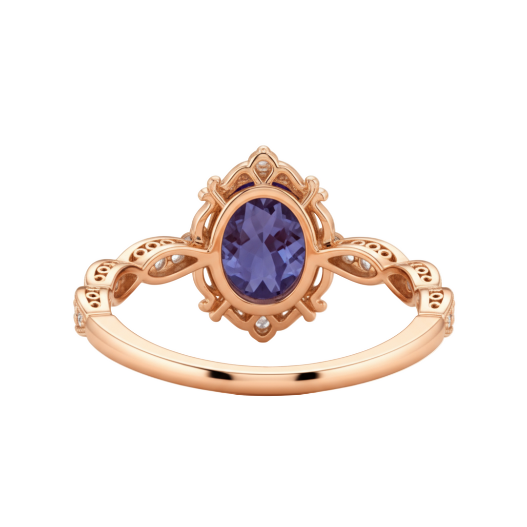 Reverse View of Vintage Style Oval Alexandrite Ring showing Filigree Gallery, Scalloped Design Band and Antique Inspired Details  | Rare Earth Jewelry