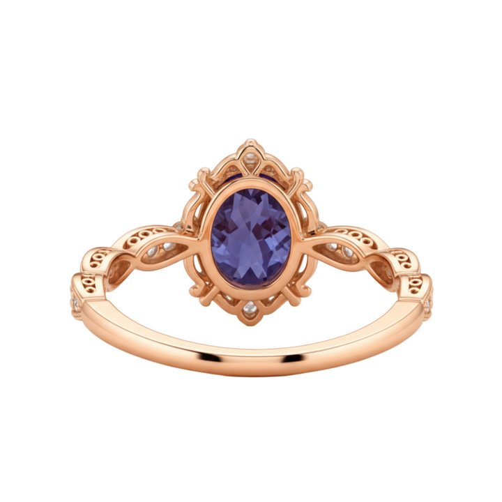Reverse View of Vintage Style Oval Alexandrite Ring showing Filigree Gallery, Scalloped Design Band and Antique Inspired Details  | Rare Earth Jewelry