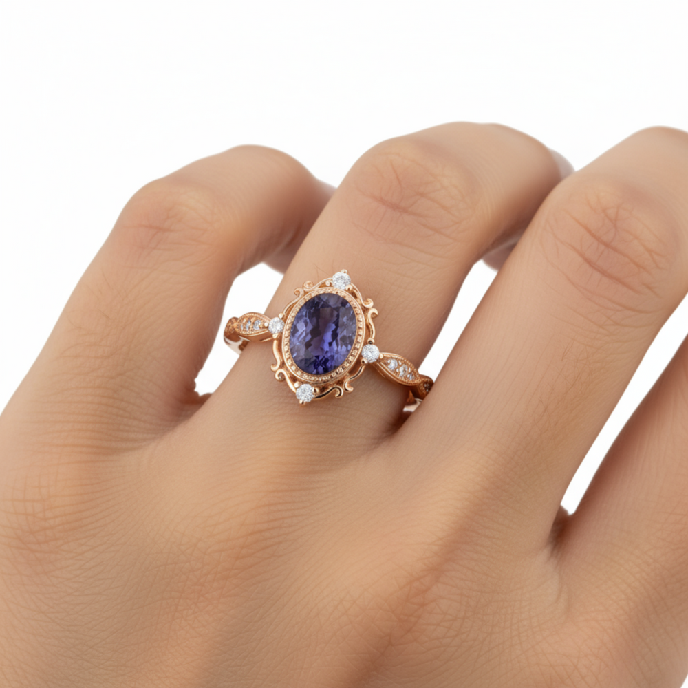 Vintage Alexandrite Engagement Ring with Bezel Set Halo and Diamond Accents on Hand in 14K Rose Gold, Close Up of Antique Style 8x6mm Oval Alexandrite Ring on the Finger | Rare Earth Jewelry