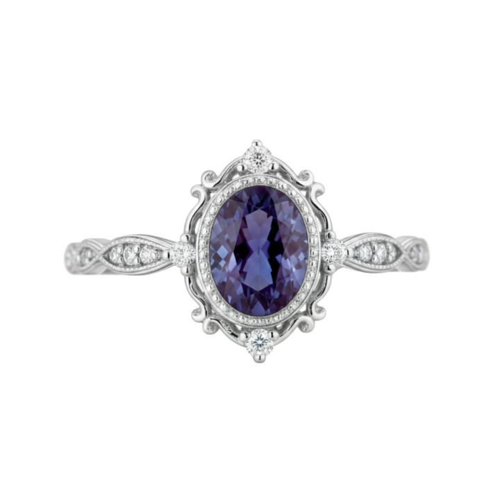 Oval Alexandrite Engagement Ring with Vintage Halo and Diamond Accents in Platinum | Rare Earth Jewelry