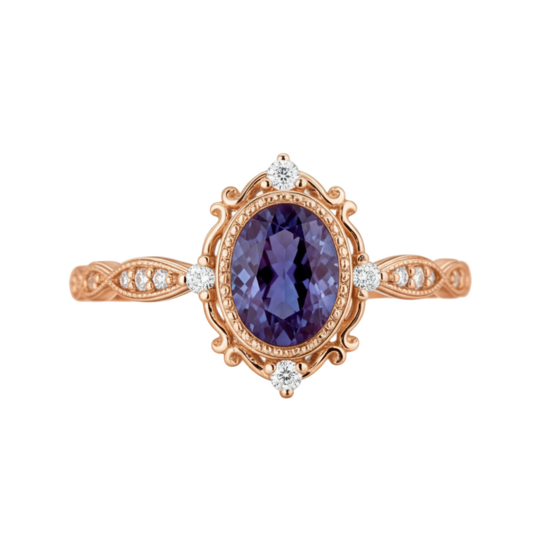 Vintage Alexandrite Halo Ring with Milgrain Bezel Setting and Diamond Accents in Rose Gold | Rare Earth Jewelry