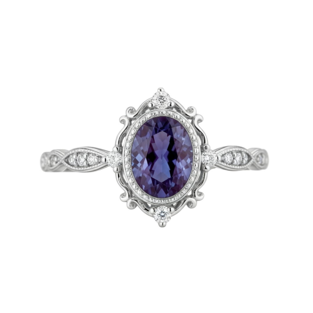 Antique Inspired Oval Alexandrite Ring with Bezel Setting, Filigree Halo and Scalloped Diamond Band in 14K White Gold | Rare Earth Jewelry