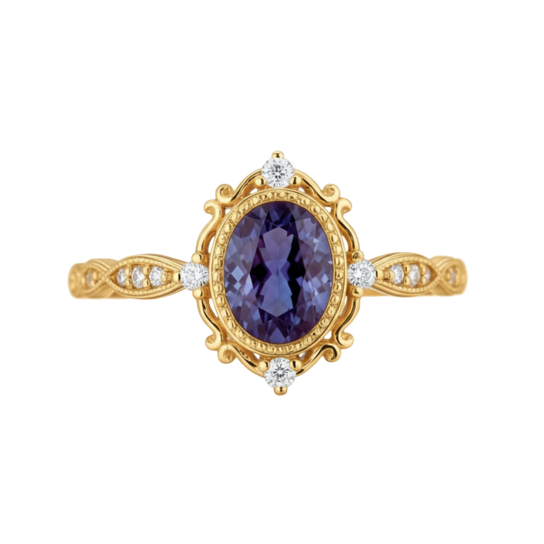 Oval Alexandrite Engagement Ring with Vintage Filigree Halo and Diamond Accents in 14K Yellow Gold, June Birthstone Ring | Rare Earth Jewelry