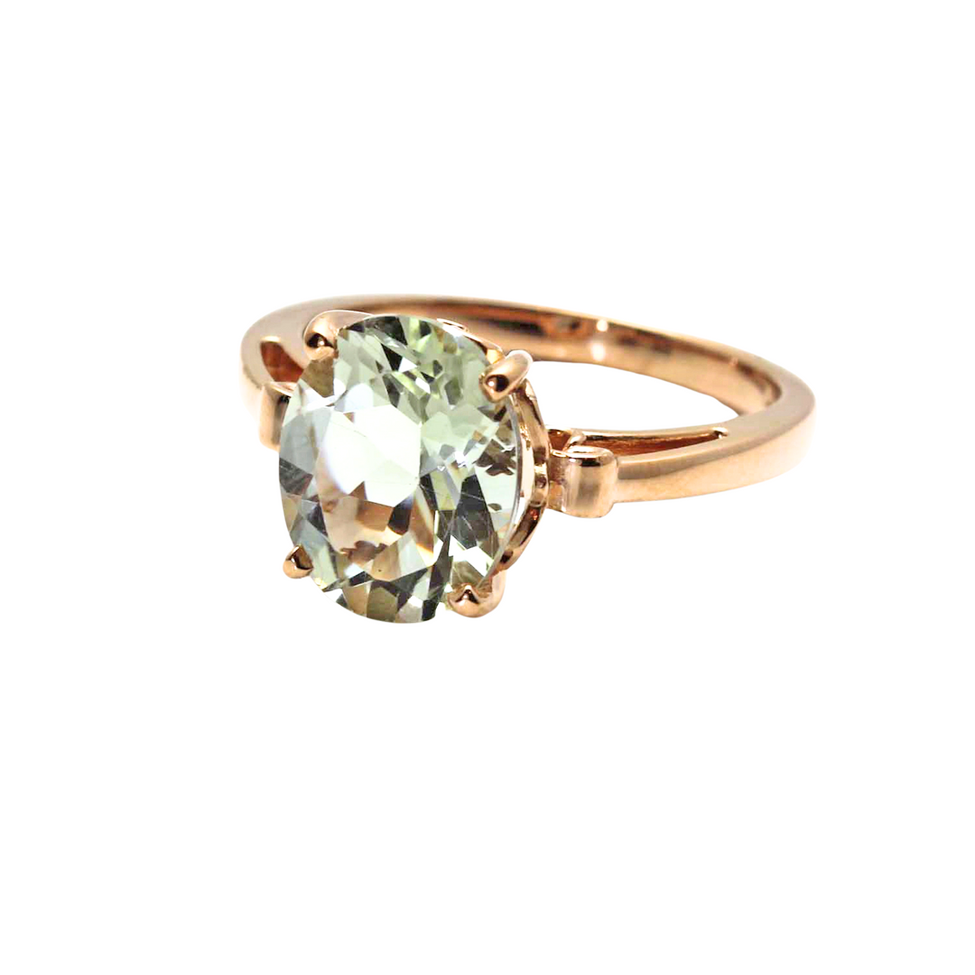 Oval Cut Green Amethyst Ring | Light Green Gemstone in Fleur de Lis Solitaire Design