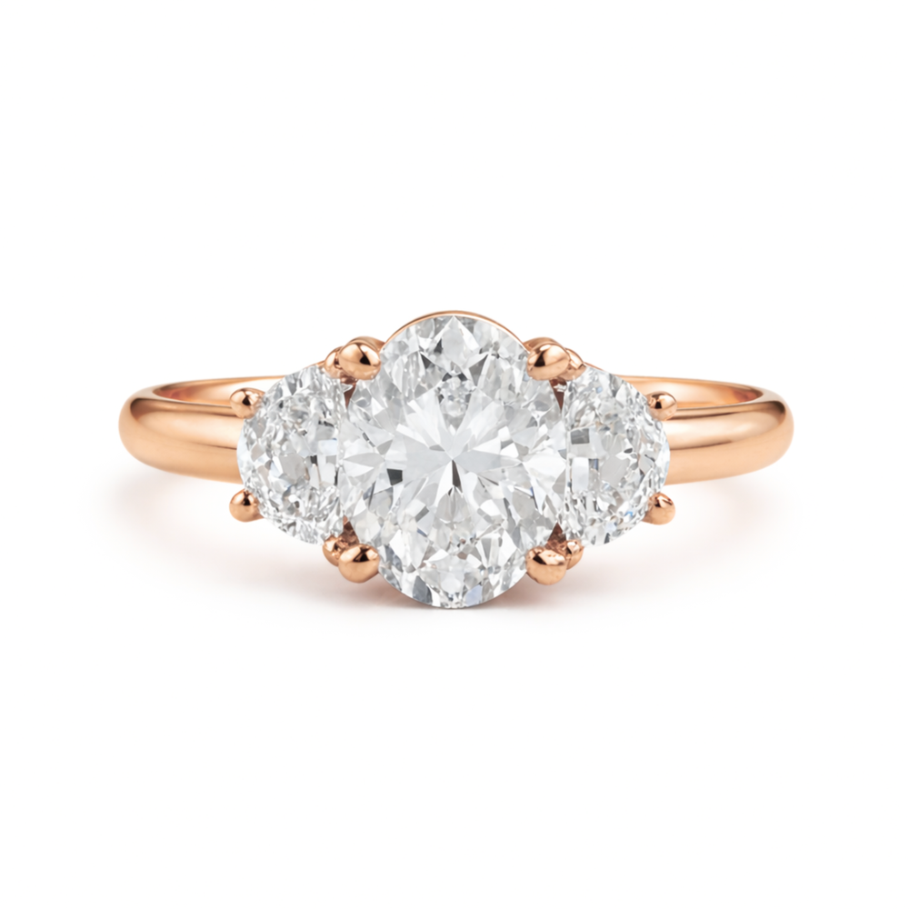 Oval Moissanite Three Stone Engagement Ring with Half Moon Accents in Rose Gold | Lab Grown Diamond Alternative | Rare Earth Jewelry