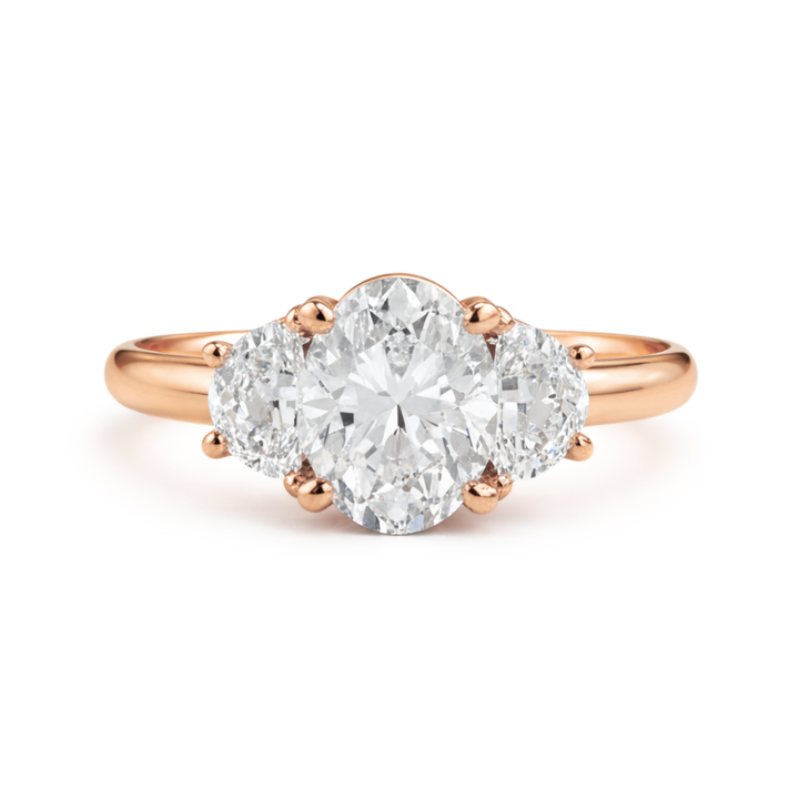 Oval Moissanite Three Stone Engagement Ring with Half Moon Accents in Rose Gold | Lab Grown Diamond Alternative | Rare Earth Jewelry