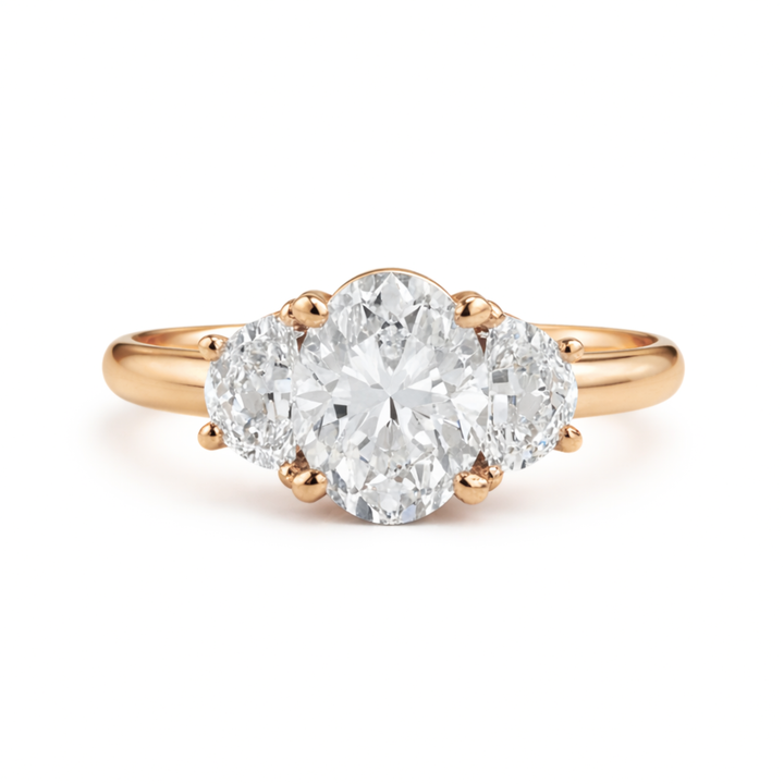 Moissanite Engagement Ring, Oval 3 Stone Ring with Half Moons in 18K Rose Gold, Unique Affordable Engagement Rings | Rare Earth Jewelry