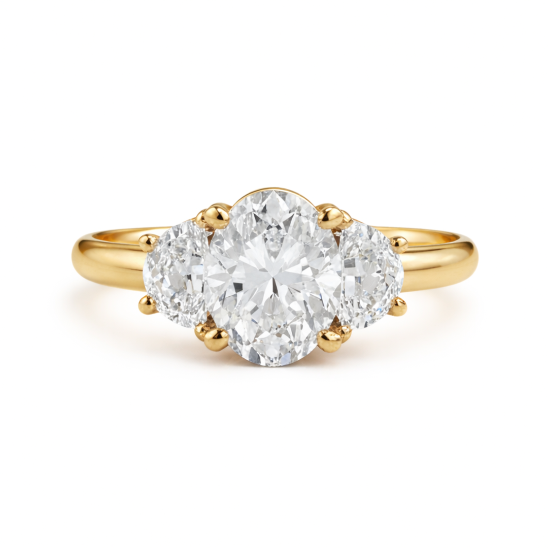 Three Stone Moissanite Engagement Ring in 18K Yellow Gold with an 8x6mm Oval Colorless Moissanite and two Half Moon Accent Stones | Rare Earth Jewelry