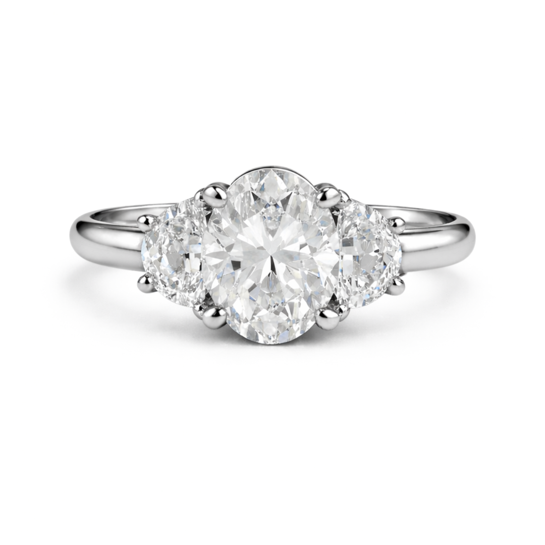 Platinum Moissanite Oval Engagement Ring in Three Stone Design, Man Made Diamond Alternative | Rare Earth Jewelry