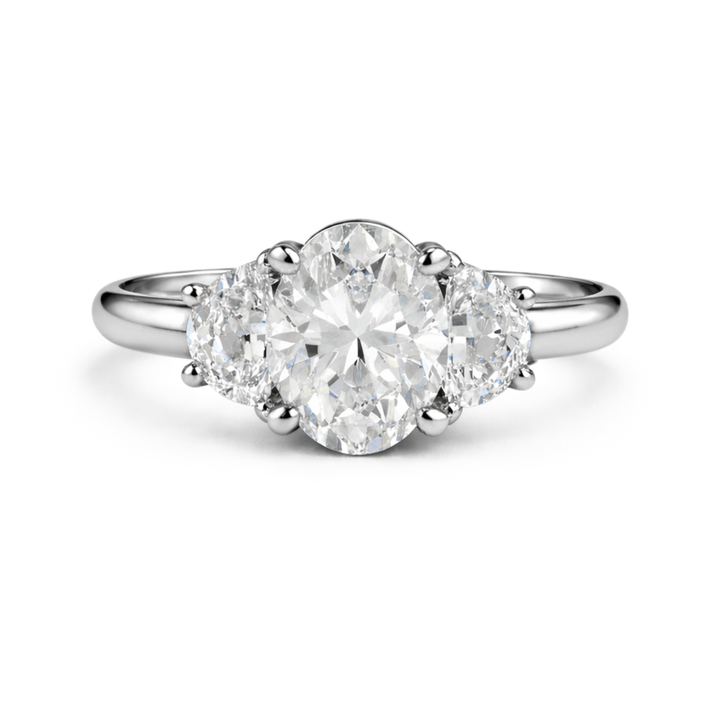 Platinum Moissanite Oval Engagement Ring in Three Stone Design, Man Made Diamond Alternative | Rare Earth Jewelry