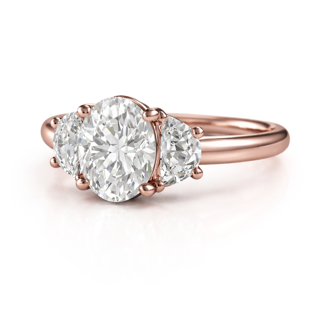 Moissanite Oval Engagement Ring in Three Stone Design with Half Moon Side Stones | 3 Stone Engagement Ring | Rare Earth Jewelry