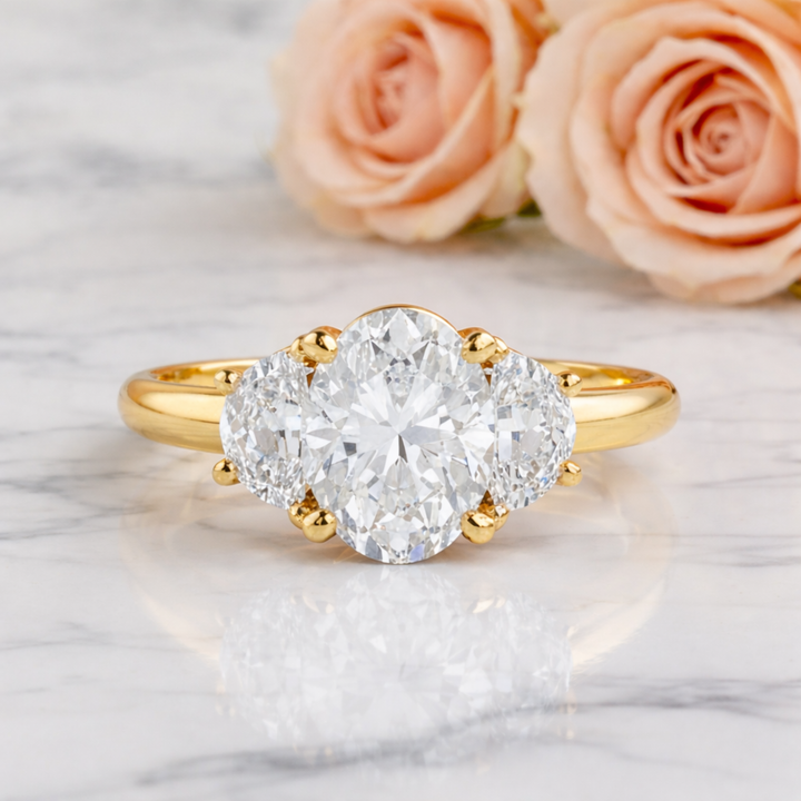 Oval Moissanite Engagement Ring in 3 Stone Design with Half Moon Side Stones, Lab Grown Engagement Rings in Gold or Platinum | Rare Earth Jewelry