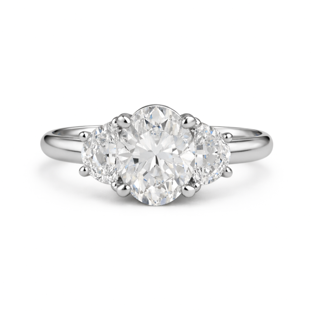 Oval 3 Stone Moissanite Engagement Ring in White Gold, Eco-Friendly and Ethical Engagement Rings | Rare Earth Jewelry