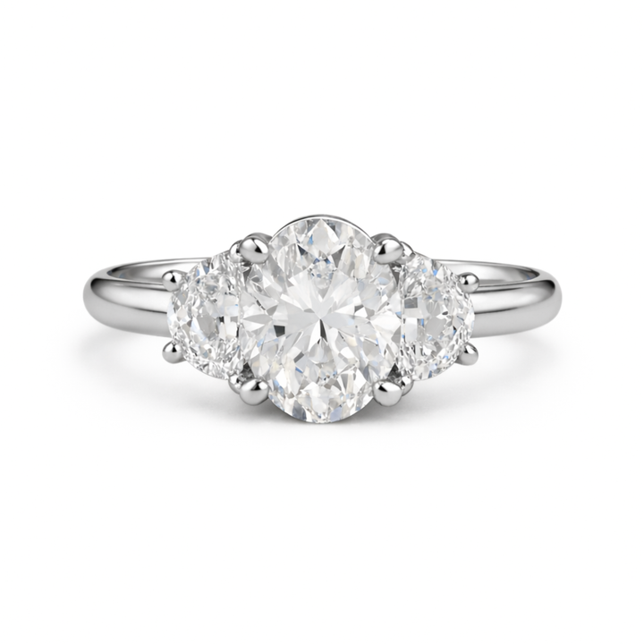 Oval 3 Stone Moissanite Engagement Ring in White Gold, Eco-Friendly and Ethical Engagement Rings | Rare Earth Jewelry