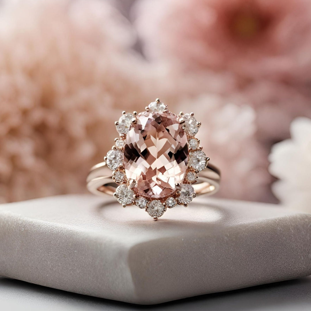 An oval natural Morganite engagement ring in a romantic and feminine vintage inspired diamond halo design from Rare Earth Jewelry.