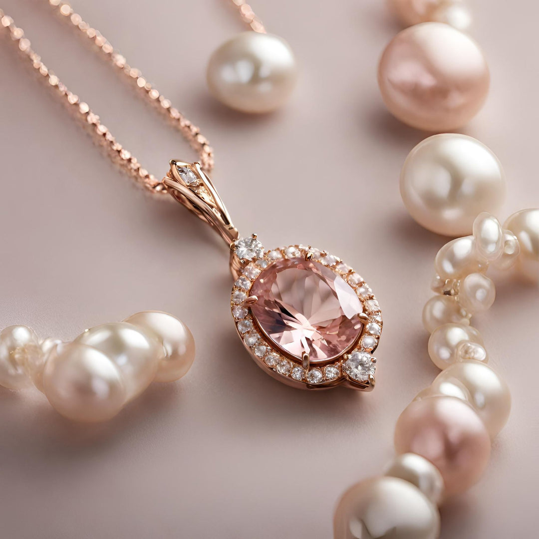 An oval Morganite pendant with diamonds, the perfect necklace for a bride.  Rose Gold bridal jewelry from Rare Earth Jewelry.