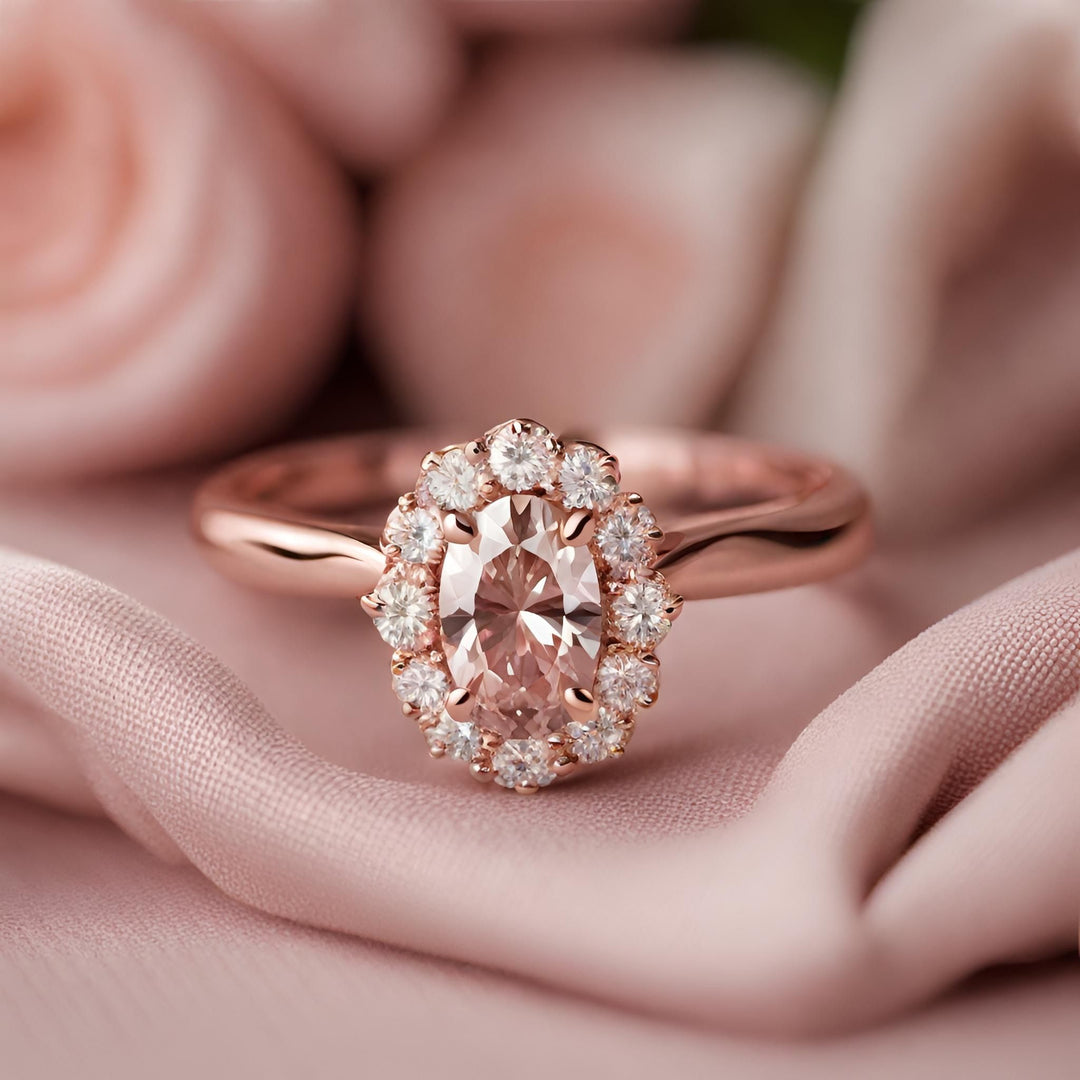 A dainty oval peach sapphire engagement ring with diamonds in a feminine halo style from Rare Earth Jewelry,