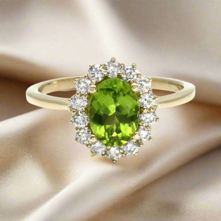 Oval Peridot Ring, Vintage Inspired Setting with Diamond Accents, Princess Diana Style, August Birthstone | Rare Earth Jewelry
