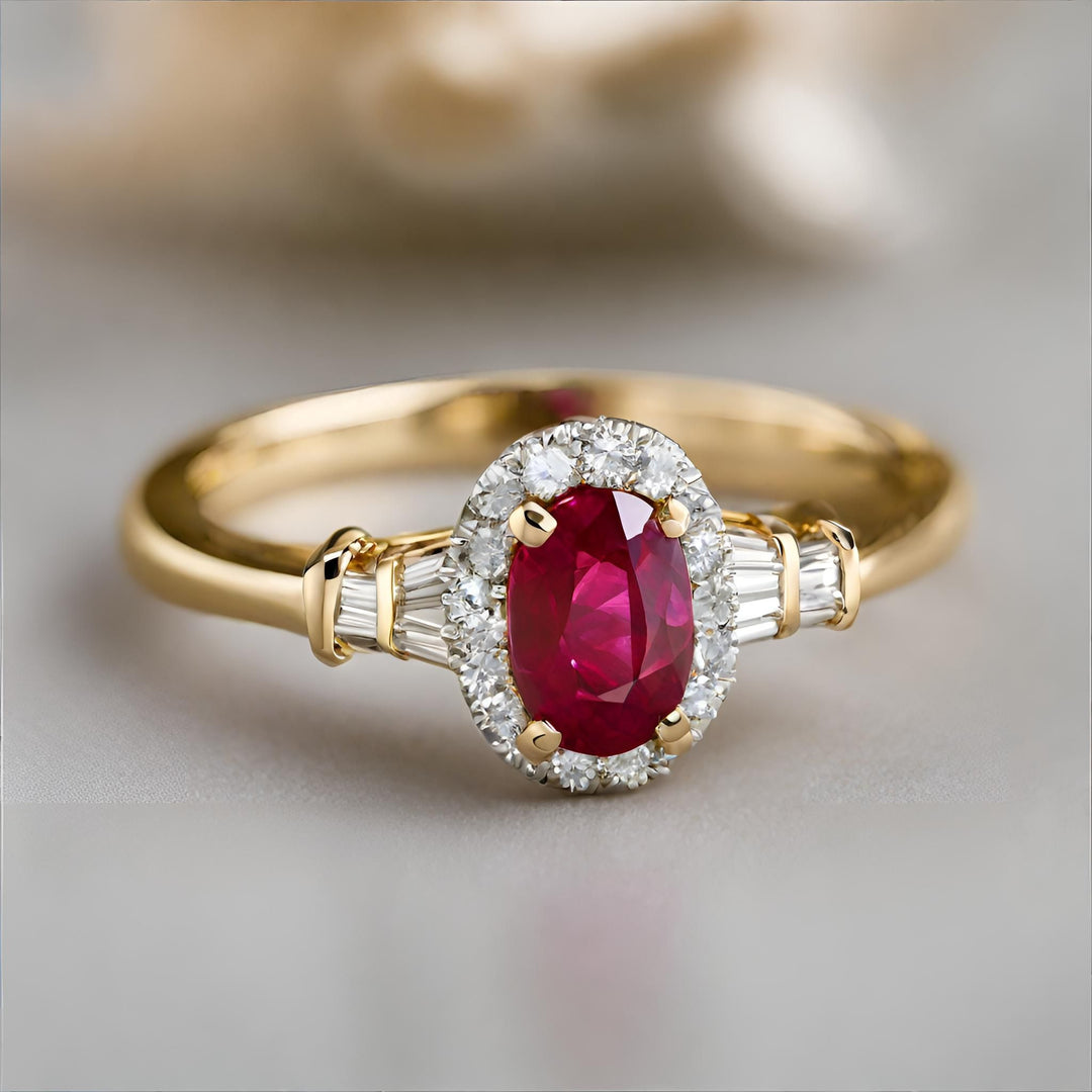 An oval Ruby and diamond engagement ring with diamond halo and baguettes in 18K Yellow Gold from Rare Earth Jewelry.