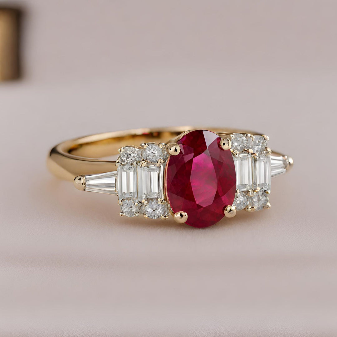 An oval ruby engagement ring with diamond baguettes in yellow gold from rare earth jewelry.