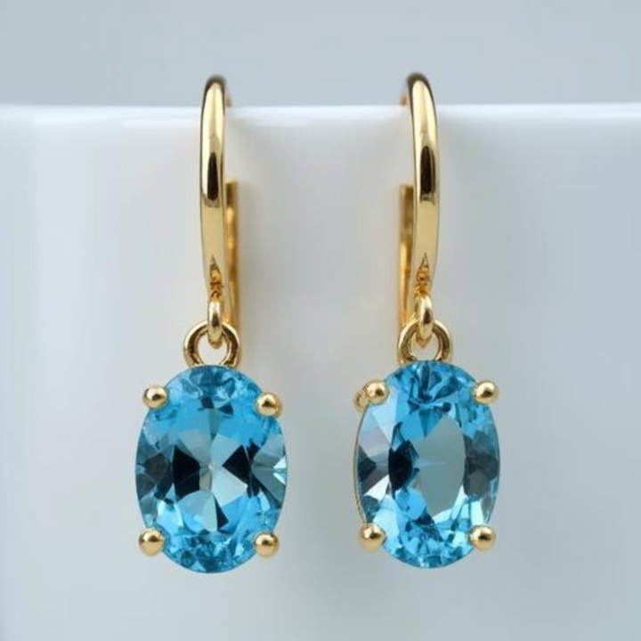 Oval Swiss Blue Topaz Earrings, 14K Gold Drops with Lever Backs, December Birthstone | Rare Earth Jewelry